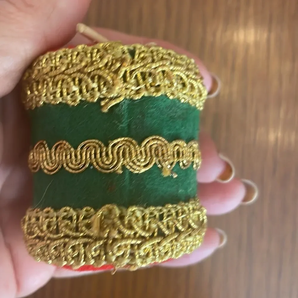 2 vintage craft red & green velvet & gold drum Christmas tree ornaments‎